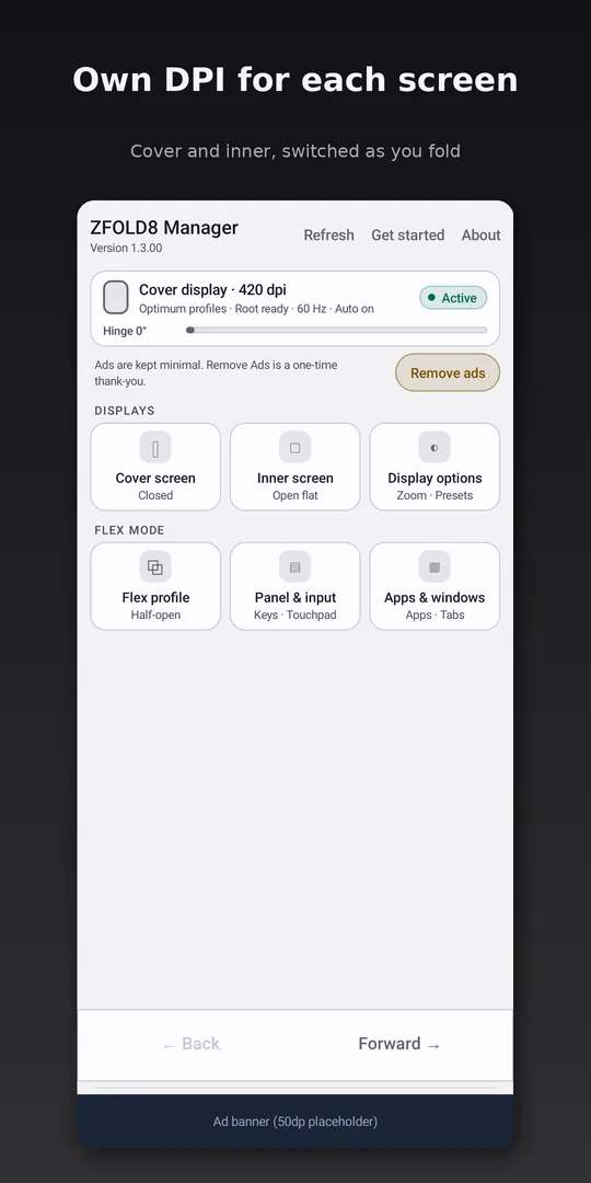 Cover screen home: display size per screen, switched as you fold