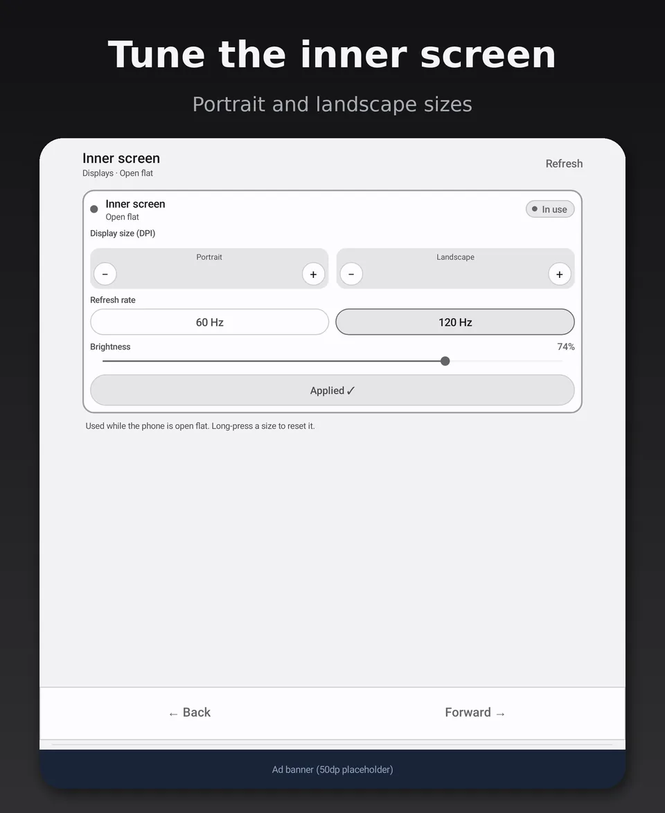 Inner screen settings: portrait and landscape sizes